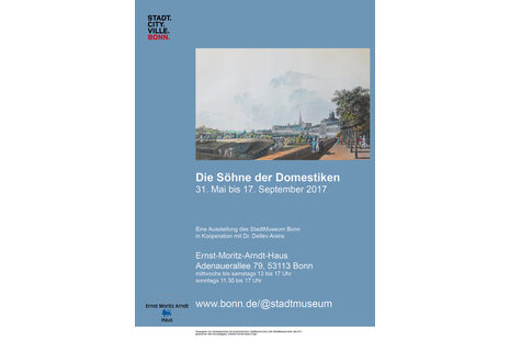 Das Bild zeigt ein Plakat. Der Hintergrund ist blau, darauf ist ein Foto zu sehen, das eine Promenade zeigt mit Bäumen. Größtenteils ist Himmel zu erkennen. Unter dem Foto steht: Die Söhne der Domestiken. 31. Mai bis 17. September 2027. Darunter der Veranstaltungsort und eine E-Mail-Adresse.