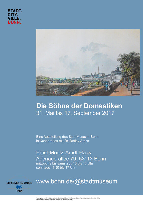 Das Bild zeigt ein Plakat. Der Hintergrund ist blau, darauf ist ein Foto zu sehen, das eine Promenade zeigt mit Bäumen. Größtenteils ist Himmel zu erkennen. Unter dem Foto steht: Die Söhne der Domestiken. 31. Mai bis 17. September 2027. Darunter der Veranstaltungsort und eine E-Mail-Adresse.