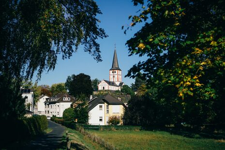 Außenaufnahme der Doppelkirche Schwarzrheindorf von Bäumen umrahmt