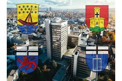 Die Fotomontage zeigt die Wappen der vier Bonner Stadtbezirke vor dem Hintergrund des Stadthauses und einer Stadtansicht