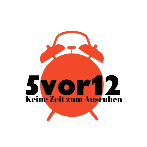 Logo 5 vor 12 - Es wird der rote Umriss eines Weckers gezeigt und davor steht in schwarzer Schrift 5 vor 12