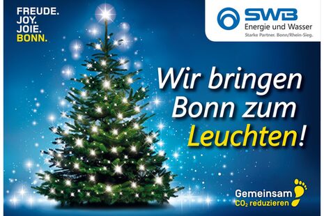 Das Werbeplakat zur Weihnachtsbeleuchtung durch BonnNetz zeigt einen Tannenbaum mit funkelnden Lichtern