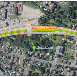 Ein Luftbild zeigt die Planung der neuen Stadtbahnlinie von Bonn über Niederkassel nach Köln.