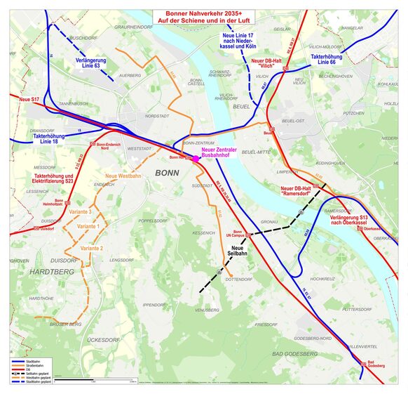 Die Karte zeigt, wie der Nahverkehr auf der Schiene und mit der Seilbahn mit der zeitlichen Perspektive "2035+" aussehen soll. Verschiedene neue Verbindungen und Strecken sind in Planung.