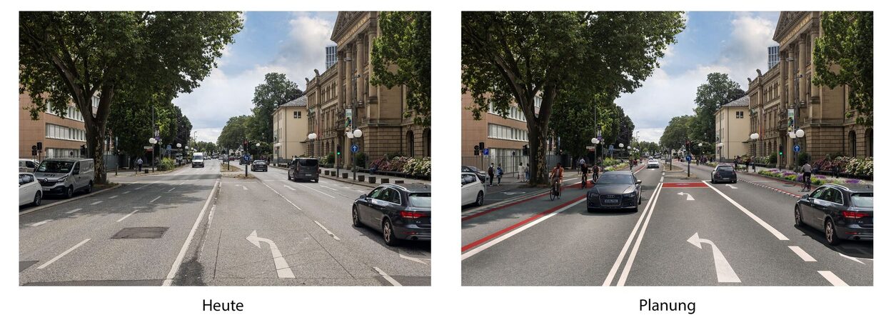 Die Darstellung zeigt links die Adenauerallee in Höhe des Museums Koenig heute; rechts ist an derselben Stelle die Planung visualisiert.