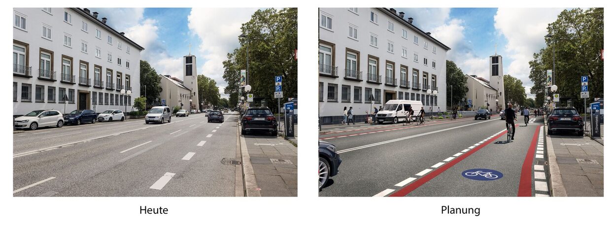 Die Darstellung zeigt auf der linken Seite die Adenauerallee in Höhe des Juridicums heute. Auf der rechten Seite ist die Visualisierung der Planung zu sehen.