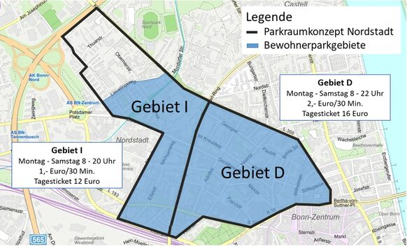 Die Grafik zeigt das Gebiet für die Parkraumbewirtschaftung mit den beiden Parkgebieten D und I.