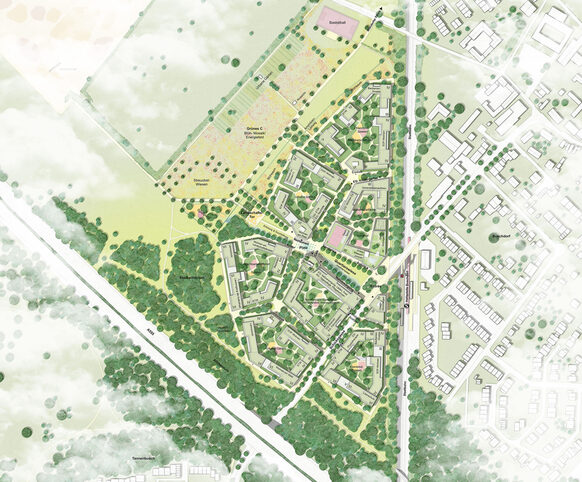 Übersichtsplan vom Siegerentwurf für die Bebauung "Im Rosenfeld" in Buschdorf. Die Fläche liegt zwischen den Stadtbahngleisen, dem Grünen C und der Autobahn 555..