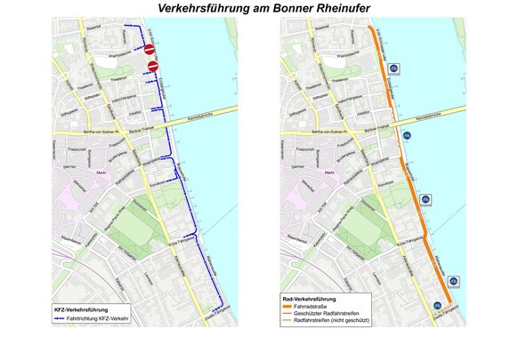 Die beiden Grafiken zeigen die Führung des Kfz-Verkehrs (links) und des Radverkehrs (r.) am Bonner Rheinufer, wenn die Arbeiten abgeschlossen sind.