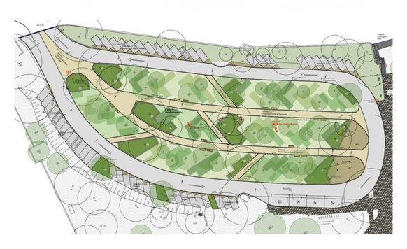 Übersichtsplan vom künftigen Parkplatz der Beethovenhalle: Außen an der Straße sind die Stellflächen angelegt, im Innern wird viel Grün geschaffen.