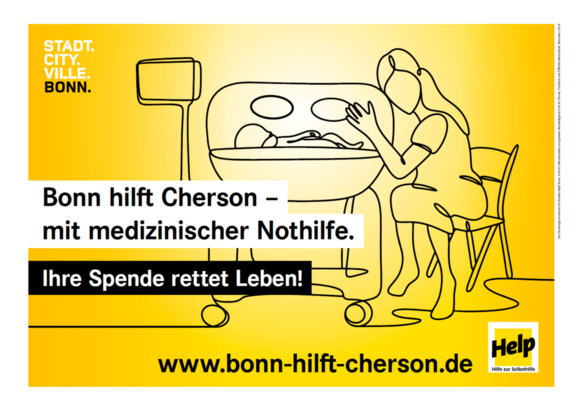 Das Bild zeigt eines der Kampagnenmotive für die Spendenpartnerschaft der Stadt Bonn mit dem Verein Help - Hilfe zur Selbsthilfe.