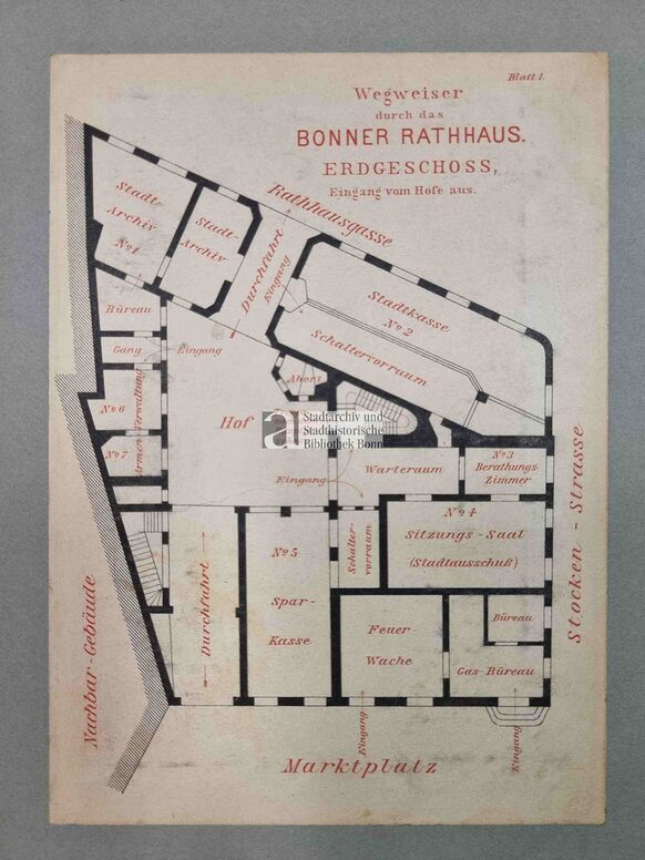 Grundriss des Rathauses Bonner Rathauses von 1898 mit den Räumen des Stadtarchivs.