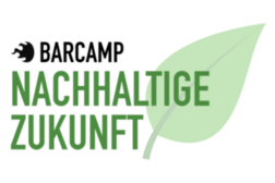 Das Bild zeigt das Logo der Veranstaltung Barcamp Nachhaltige Zukunft in grüner Schrift mit einem Blatt-Symbol..