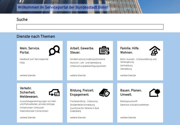 Screenshot der Startseite des Serviceportals