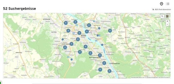 Screenshot einer Suchanfrage in der Kartendarstellung des Stadtplans