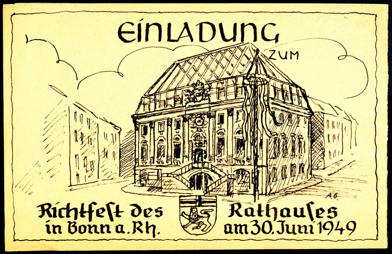 Die Zeichnung zeigt das Alte Rathaus zum Richtfest 1949