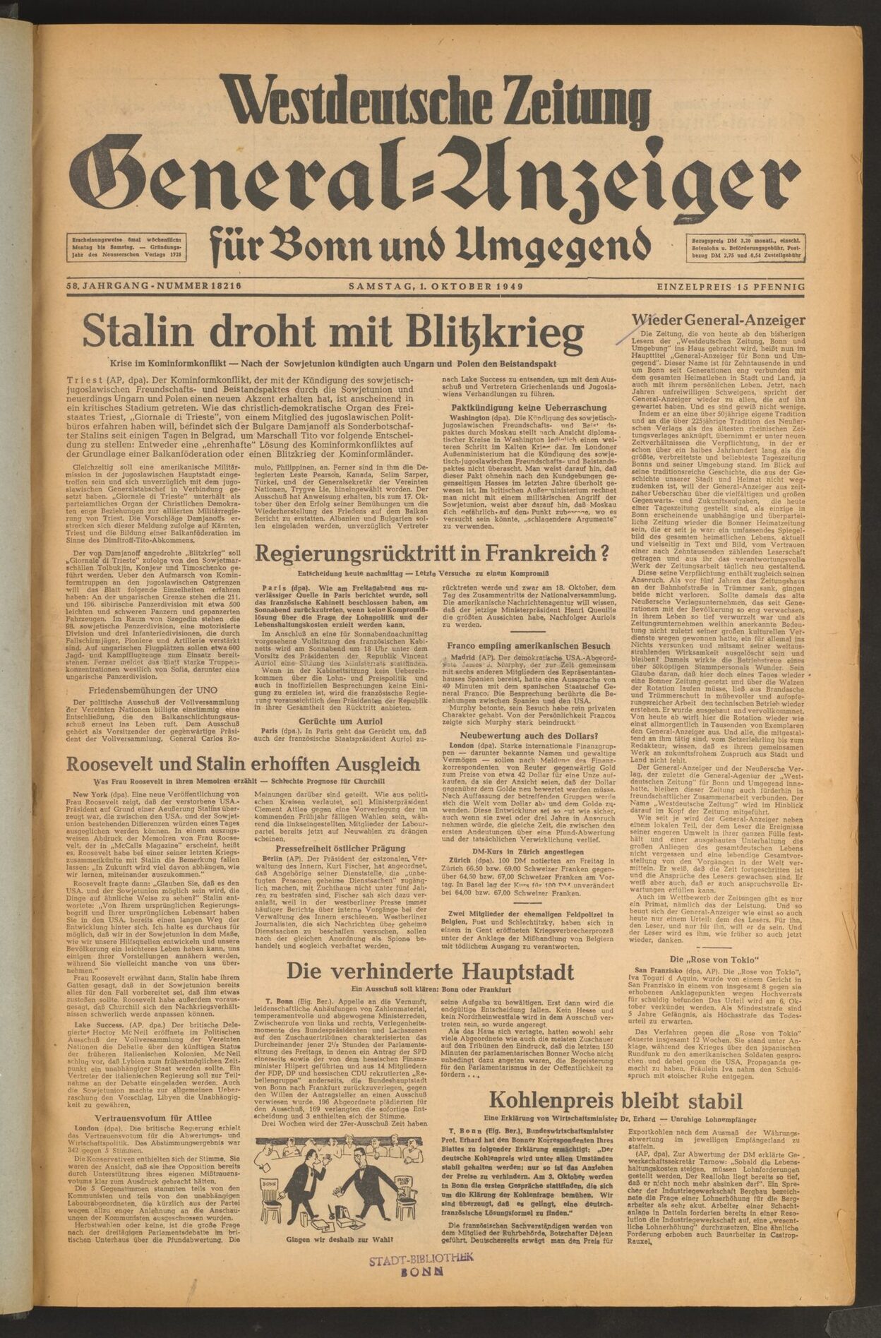 Die Titelseite des Bonner Generalanzeigers vom 1. Oktober 1949