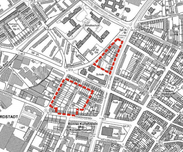 Ausschnitt aus dem Übersichtsplan Französische Siedlung – Chlodwigplatz und Baublock Sachsenweg