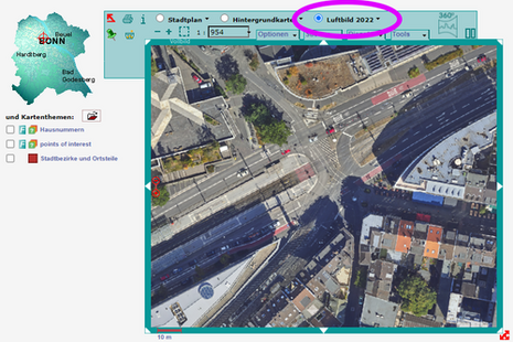 Screenshot des Stadtplans Bonn mit der aktualisierten Luftbildkarte