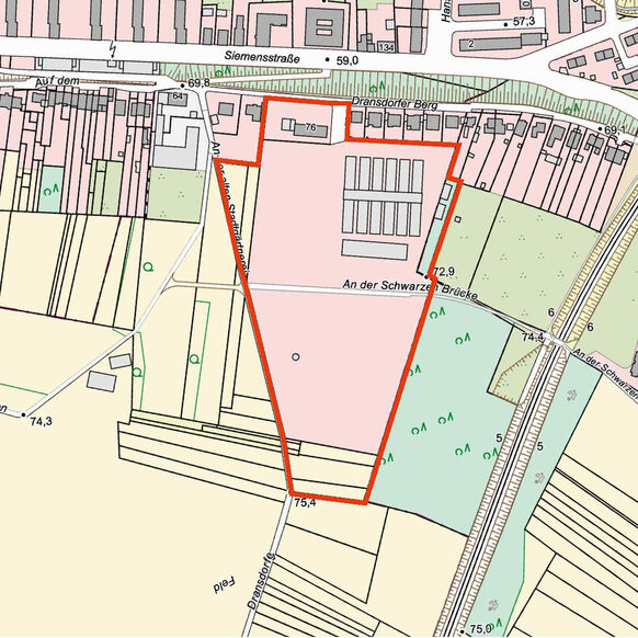 Die Kartenzeichnung zeigt rot umrandet den künftigen Planungsbereich der früheren Stadtgärtnerei