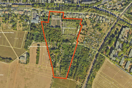 Das Luftbild zeigt rot markiert den künftigen Planungsbereich der früheren Stadtgärtnerei