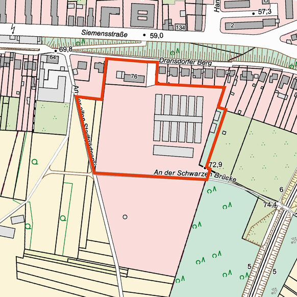 Die Kartenzeichnung zeigt rot umrandet den künftigen Planungsbereich der früheren Stadtgärtnerei