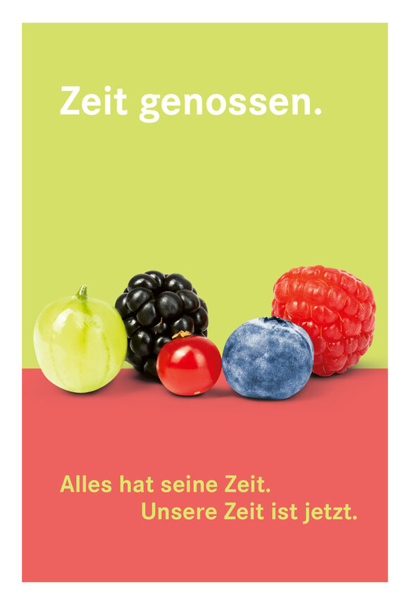 Das Plakat zeigt eine Traube, Brombeere, Johannisbeere, Heidelbeere und Himbeere