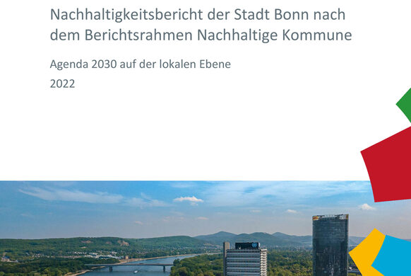 Das Deckbklatt des zweiten Bonner Nachhaltigkeitsberichts von 2022 zeigt den UN Campus und im Hintergrund das Siebengebirge