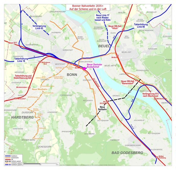 Eine Karte zeigt mit bunten Linien bestehenden und geplante Nahverkehrsverbindungen in einem Stadtplan.