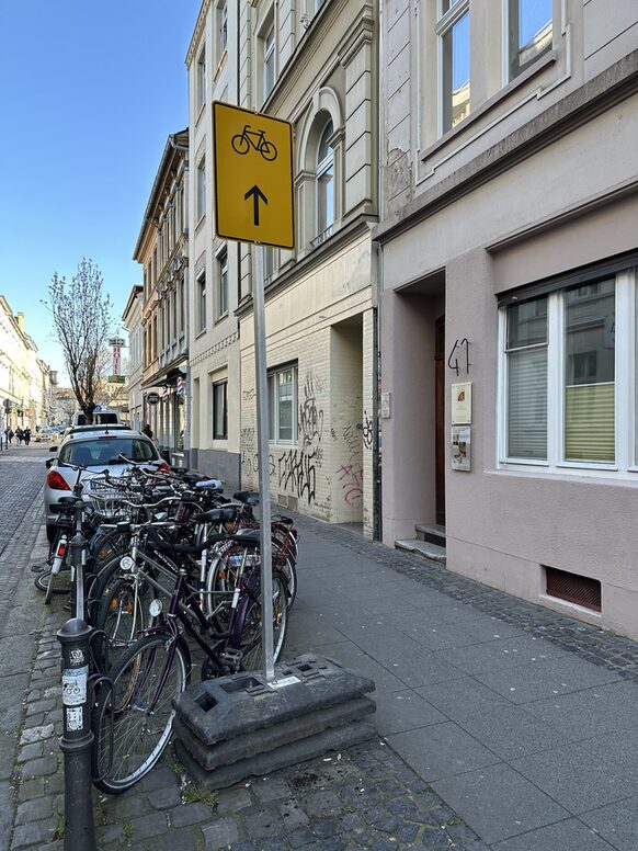 Das Bild zeigt ein Umleitungsschild für den Radverkehr während einer Baumaßnahme.