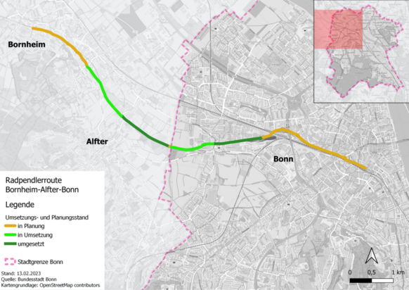 Das Bild zeigt eine Karte von Bonn und dem Umland und den Verlauf der Routen für Radpendler.