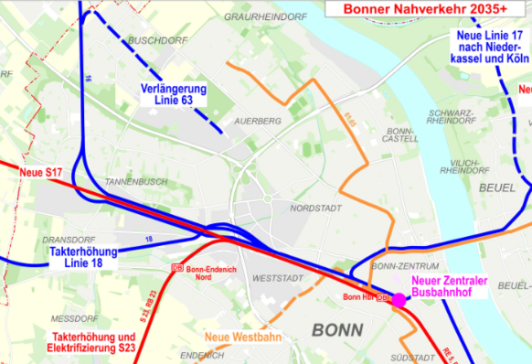 Das Bild zeigt einen Ausschnitt der geplanten Nahverkehrsprojekte mit der verlängerten Linie 63 (gestrichelt)..