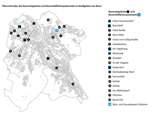 Karte der Bonner Gewerbegebiete und Gewerbeflächenpotenziale