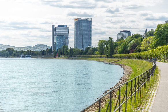 Rheinpromenade Bonn mit UN- und Posttower im Hintergrund.