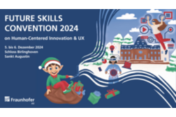 Das Bild zeigt den Text "Future Skills Convention 2024 on Human-Centered Innovation & UX, 5.-6.12.2024, Schloss Birlinghoven, Sankt Augustin" in weißer Schrift auf blauem Grund. Außerdem ist ein Elf zu sehen, der auf einem Geschenksack sitzt. Aus dem Laptop in seiner Hand fließen ein Bild vom Schloss Birlinghoven und digitale Elemente.